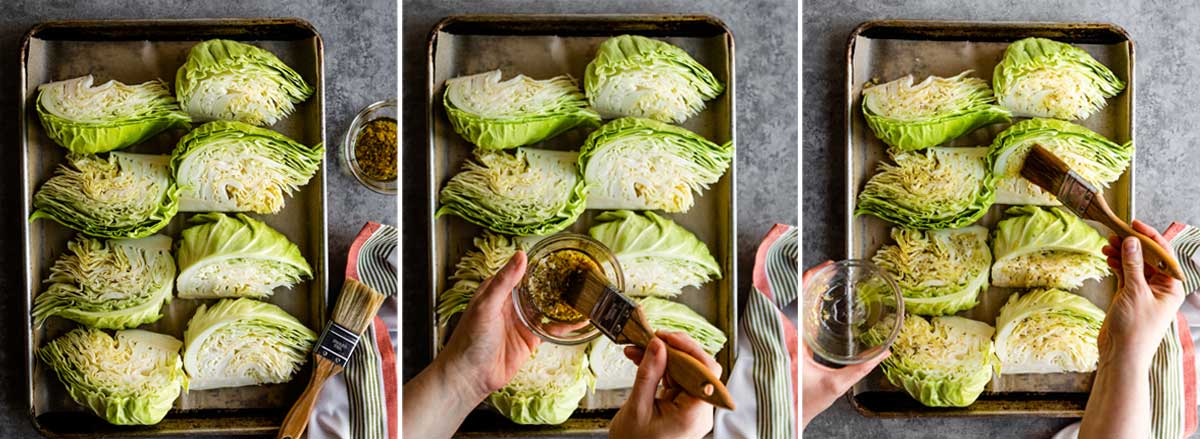 seasoning cabbage wedges with garlic olive oil on a baking sheet.