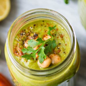 overhead photo of a savory protein shake in a glass jar