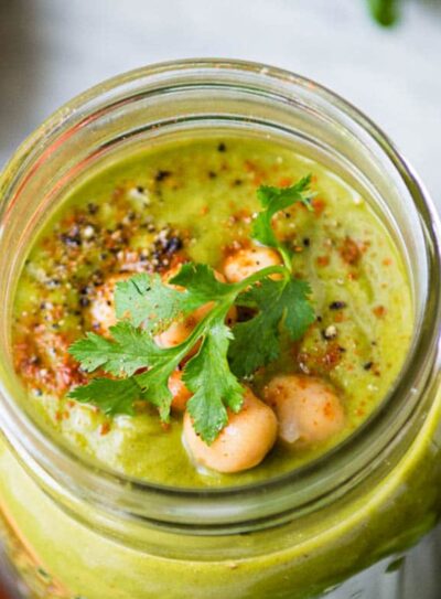 overhead photo of a savory protein shake in a glass jar