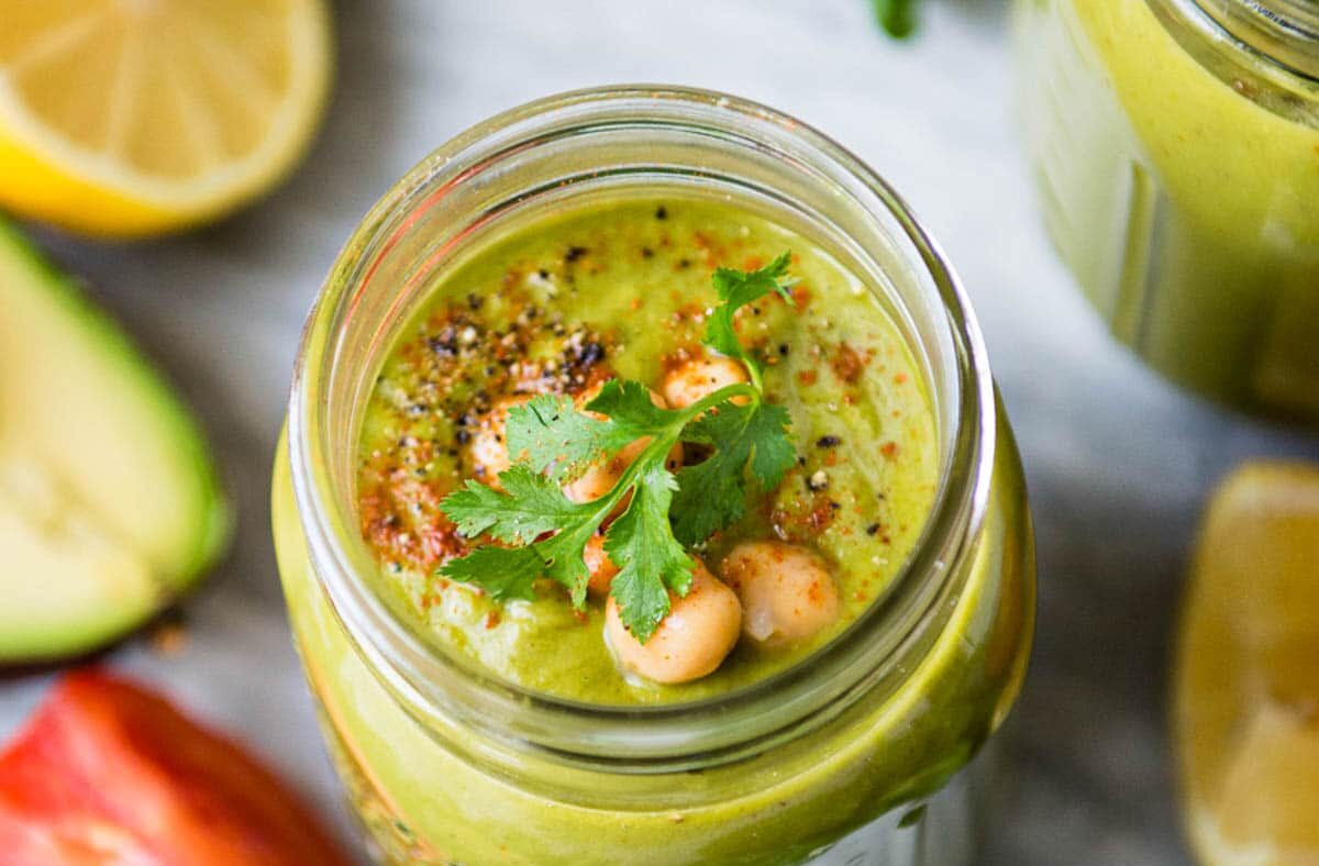 overhead photo of a savory protein shake in a glass jar