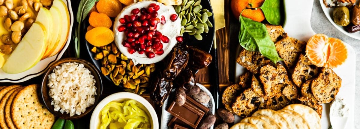 plant-based recipes on table with dips and sauces