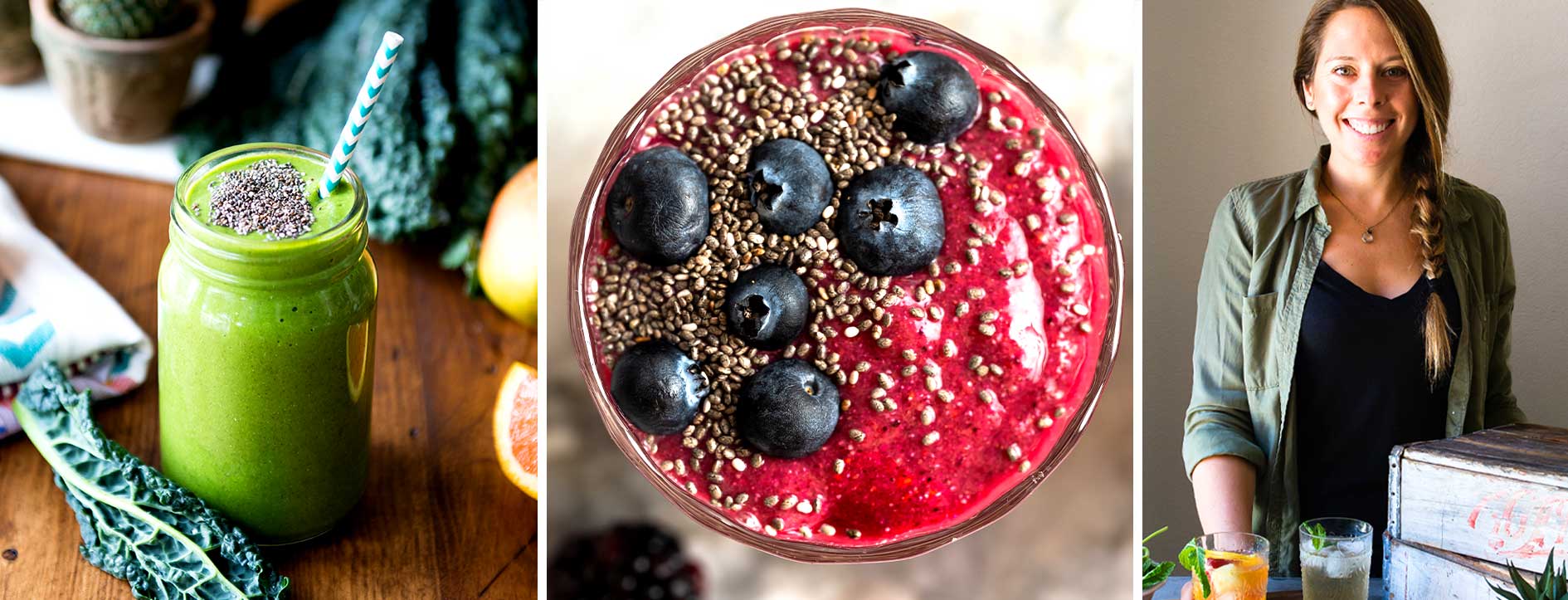 Healthy green smoothie in a glass with a straw on a wooden table.
