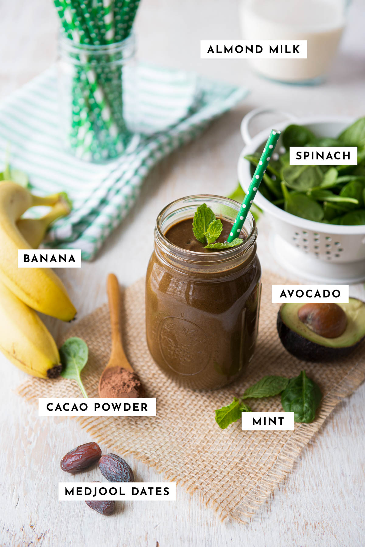 Ingredients for making skinny mint chocolate chips movie, including Almond milk, spinach, mint leaves, banana, avocado, Medjool dates, and cocoa powder.