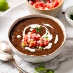 A bowl filled with spicy black bean soup, swirls of vegan sour cream, and salsa.