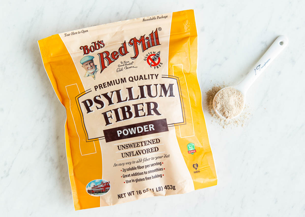 yellow bag of Bob's Red Mill Psyllium Fiber Powder. 