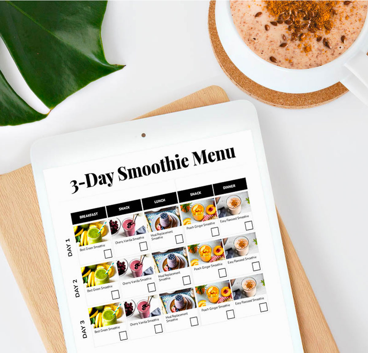 white tablet with 3-Day Smoothie menu written on top then 3 day smoothie diet plan laid out.