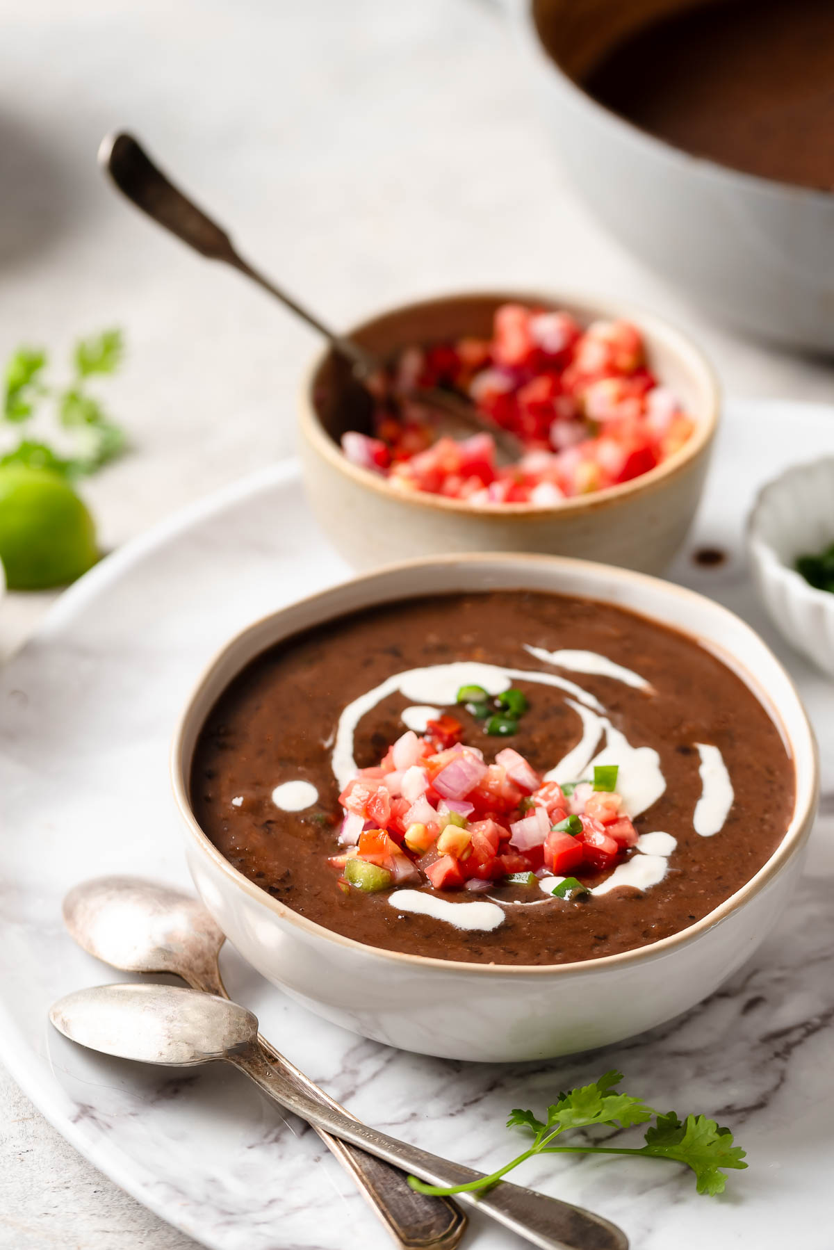 A single serving of spicy black bean soup with fresh salsa.