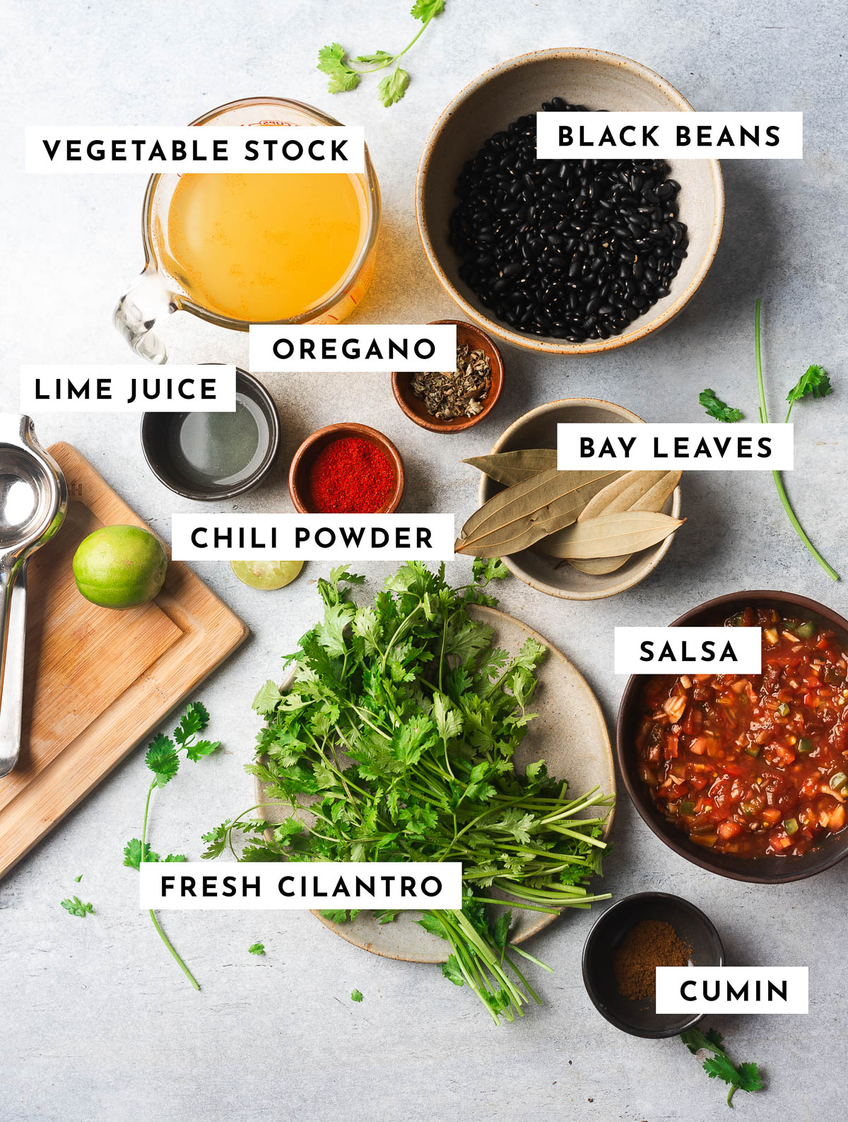 Labeled ingredients for spicy black bean soup.