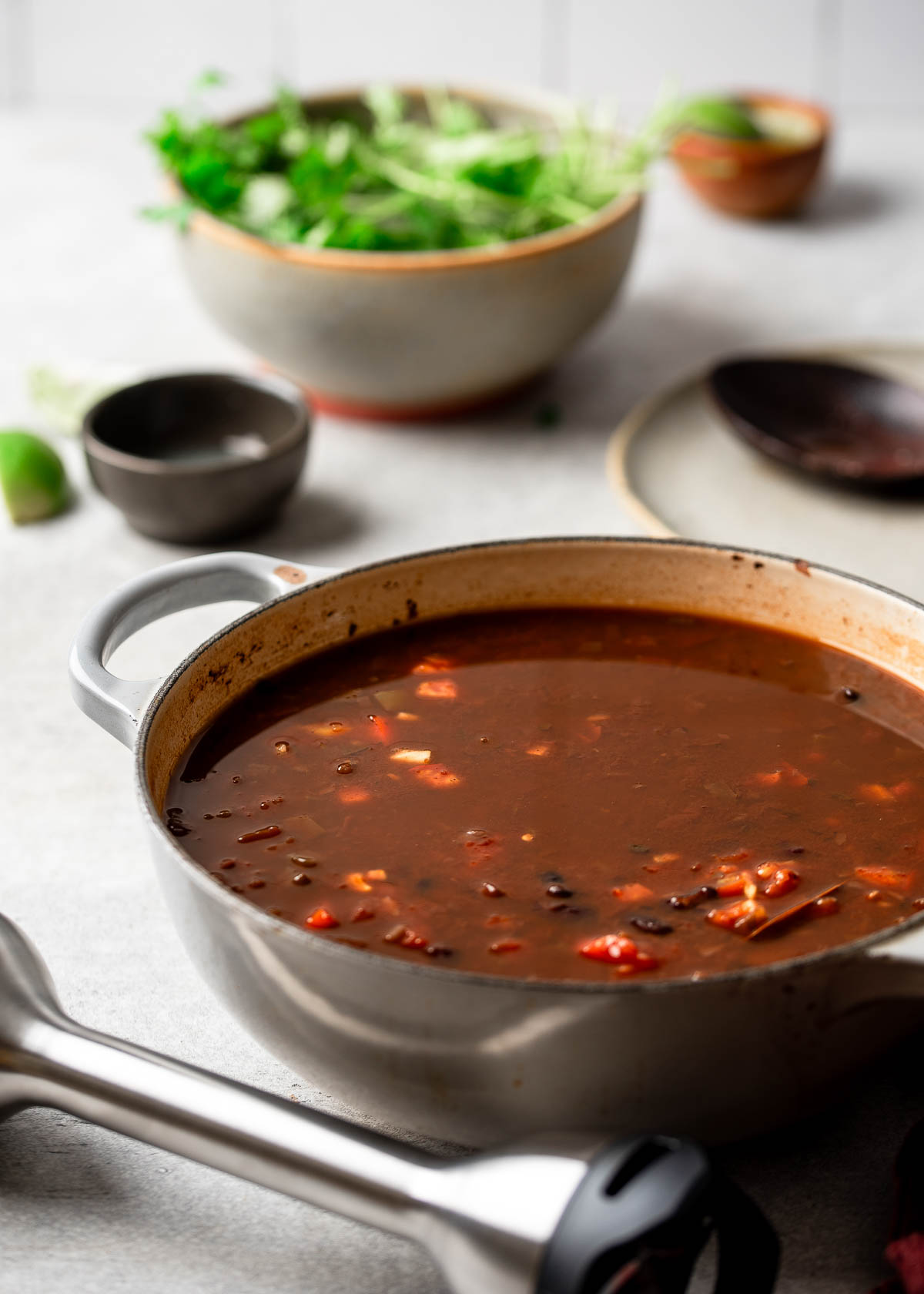 A warm pot of spicy black bean soup. 