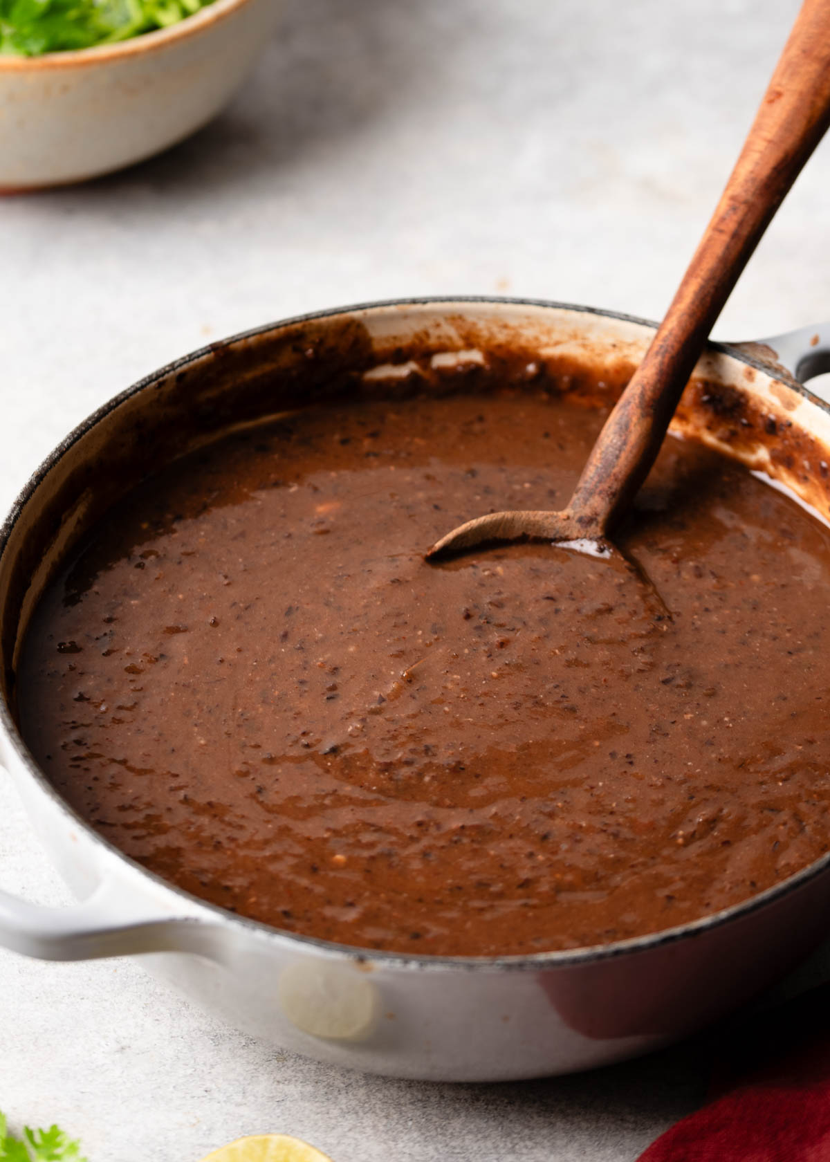 Spicy black bean soup cooked and ready to serve.