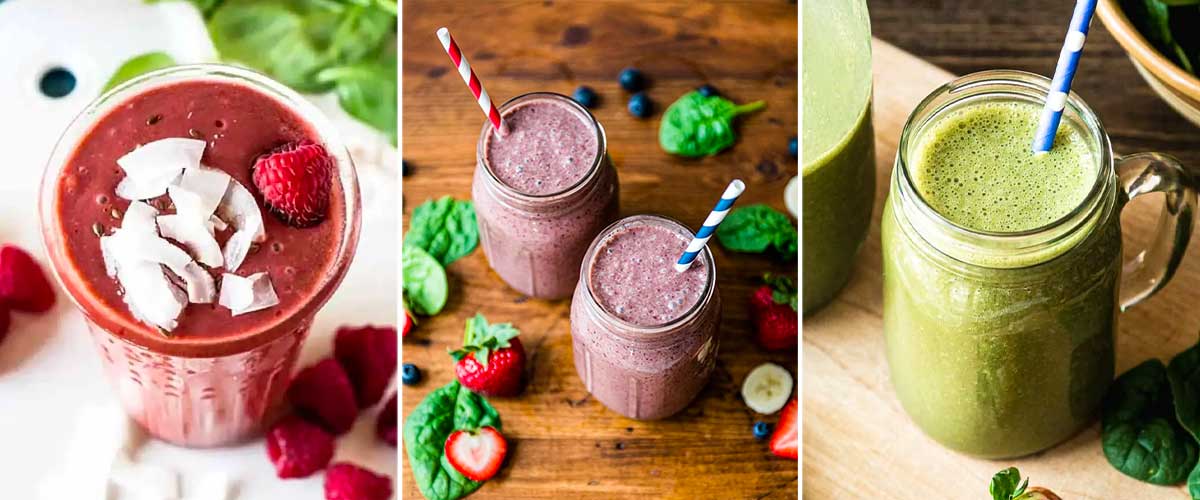 3 photos of berry smoothie recipes including a raspberry smoothie, and summer berry smoothie and a strawberry banana green smoothie
