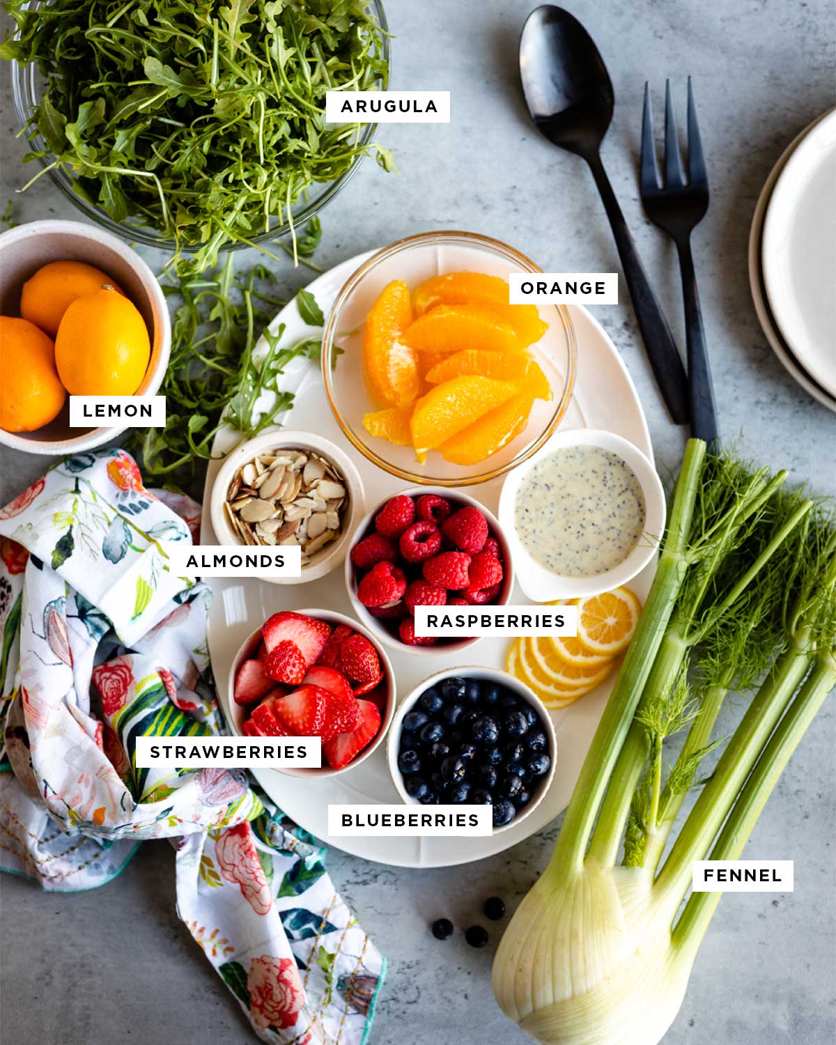 ingredients for strawberry lemon arugula salad