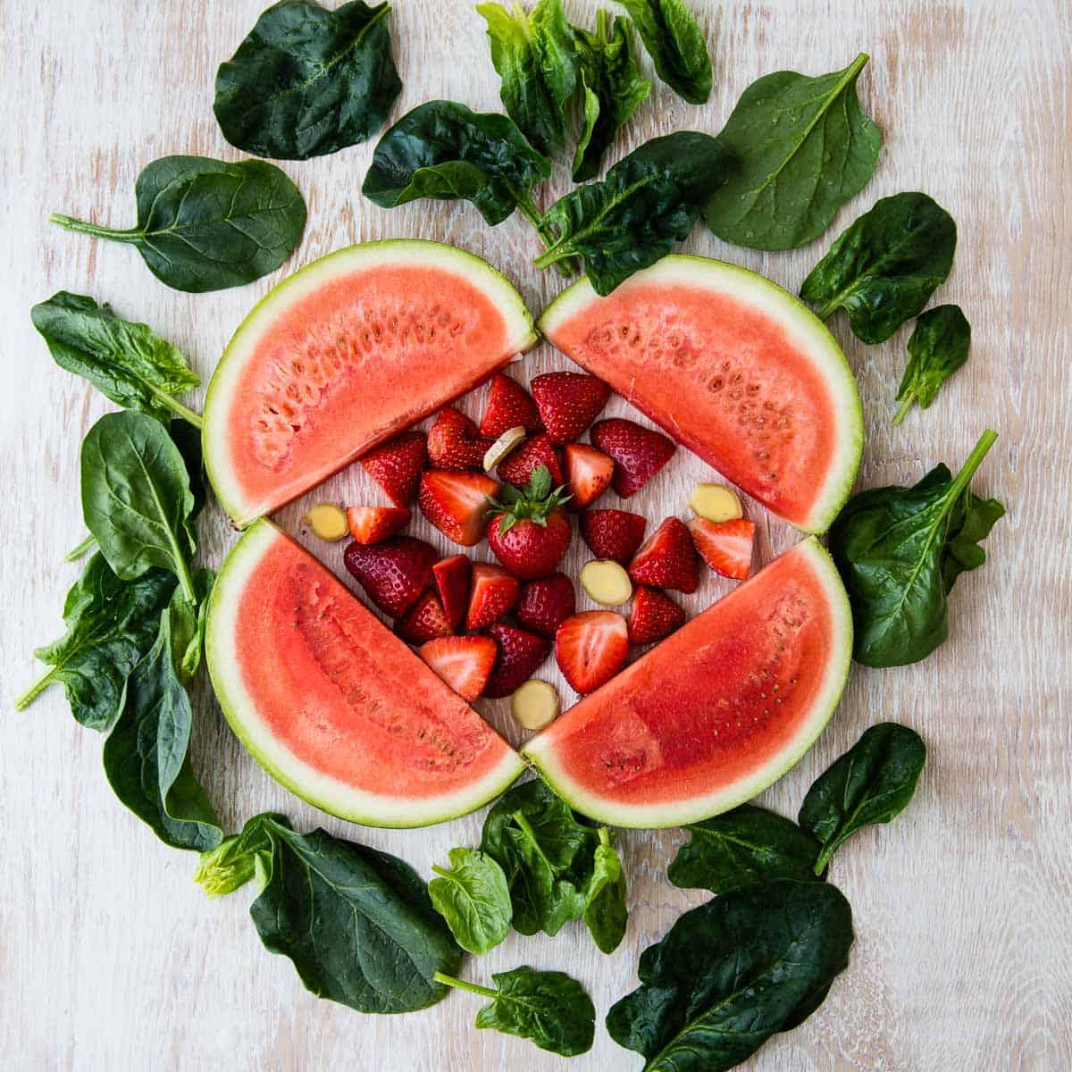 Strawberry watermelon smoothie ingredients.