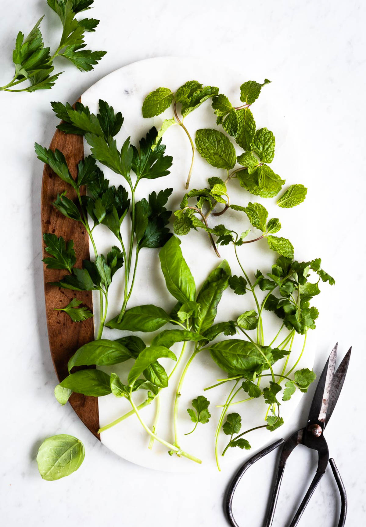 marble and wooden cutting board of fresh herbs next to pruning shears.
