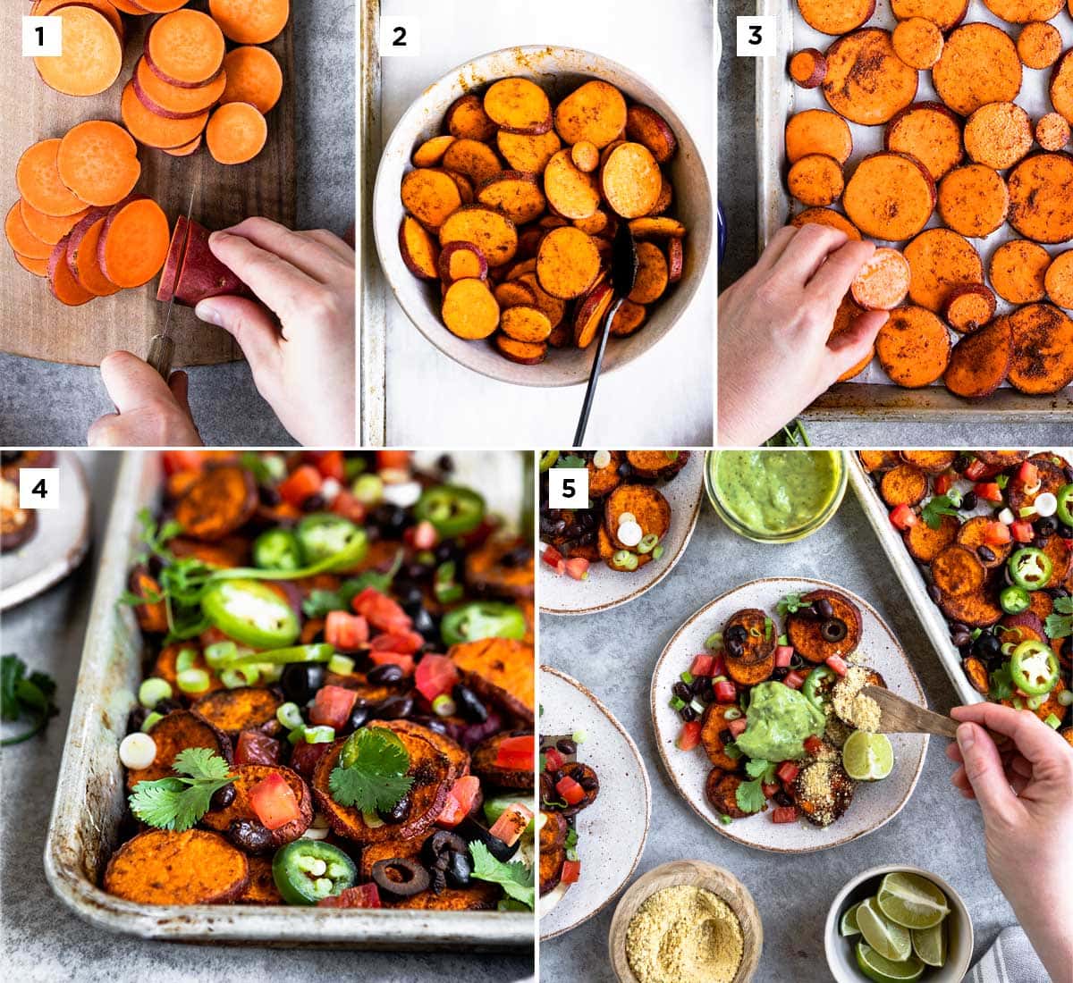 5 photos showing steps to making plant based nachos including slicing sweet potatoes, covering them with oil and spices, baking them and then topping them with a variety of toppings.