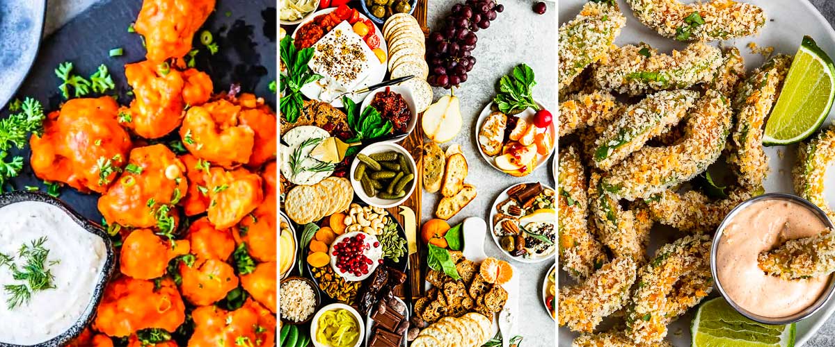 3 photos of plant based appetizers including buffalo cauliflower wings, vegan charcuterie and crispy avocado fries.