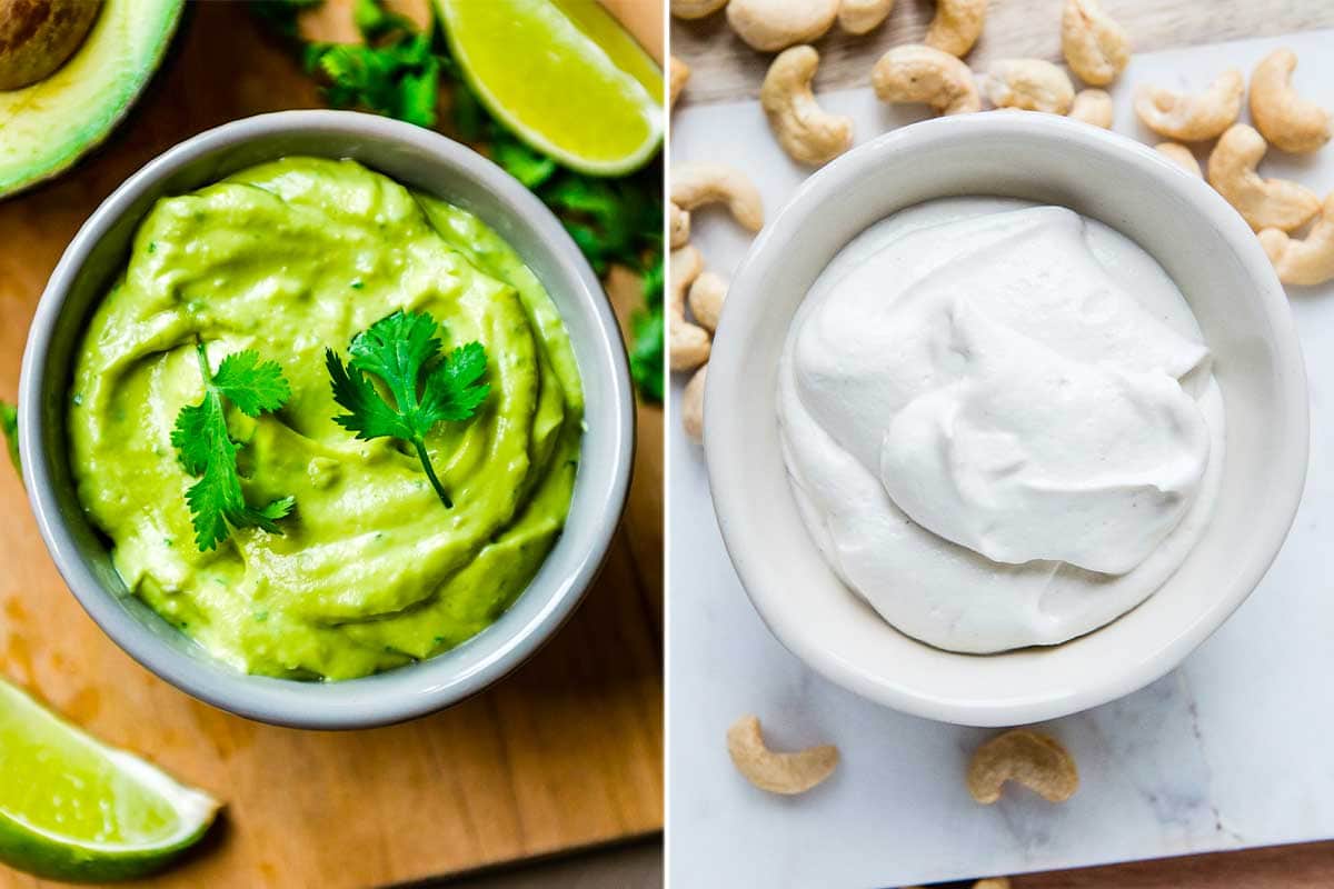 avocado crema on the left and cashew cream on the right, both dairy free taco toppings.