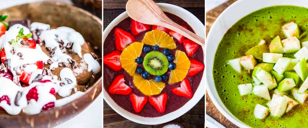 3 photos of different smoothie bowl recipes include a chocolate one, a strawberry one and an apple one.