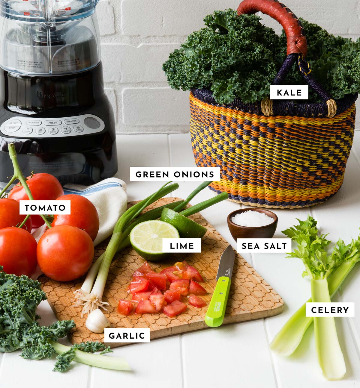 Labeled ingredients for v8 tomato smoothie