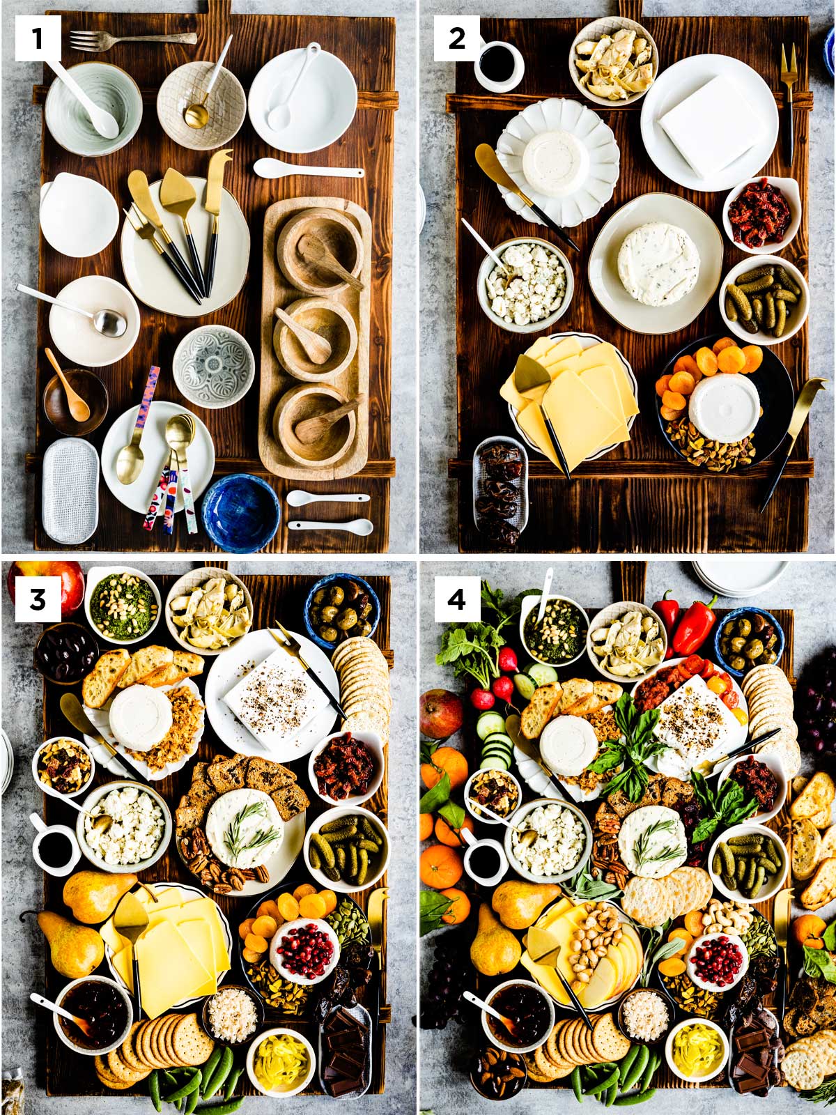 4 photos showing steps on how to setup your own plant based appetizer including different sized serving dishes then plating bigger items like vegan cheese, then adding smaller items and finally filling in the gaps with fresh fruit and herbs