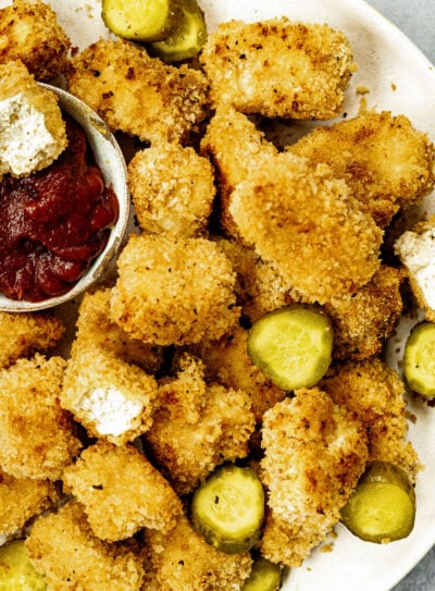 Crispy vegan chicken nuggets made with tofu and pickle brine.