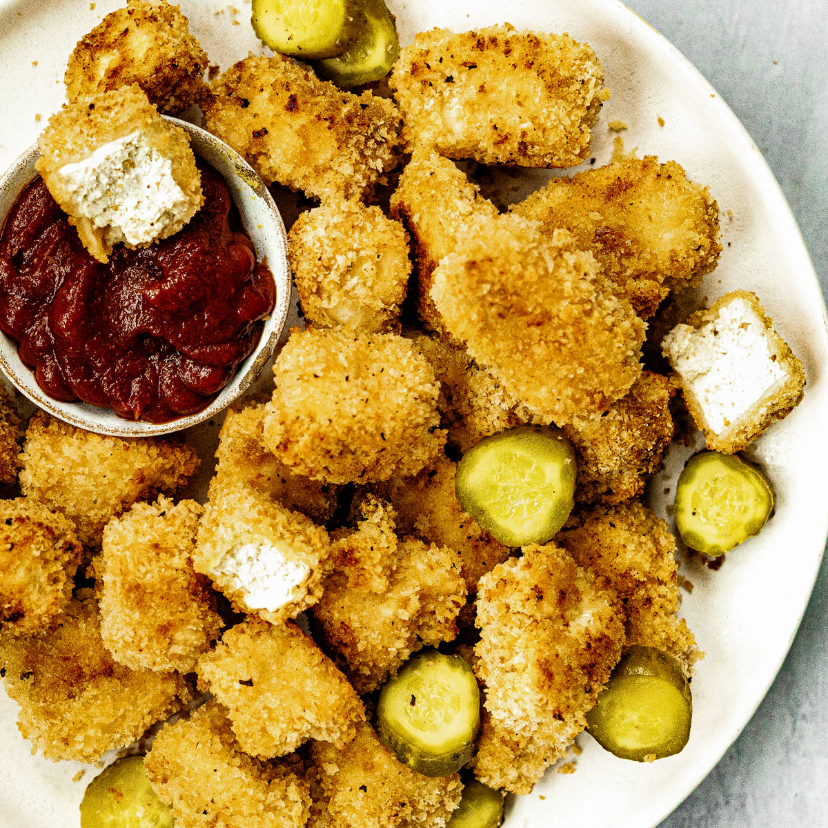 Crispy vegan chicken nuggets made with tofu and pickle brine.