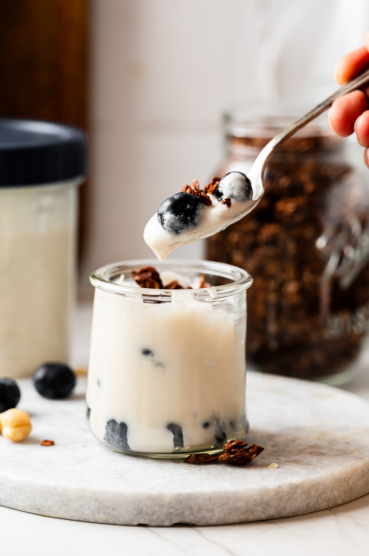 A spoonful of coconut yogurt with granola and blueberry topping