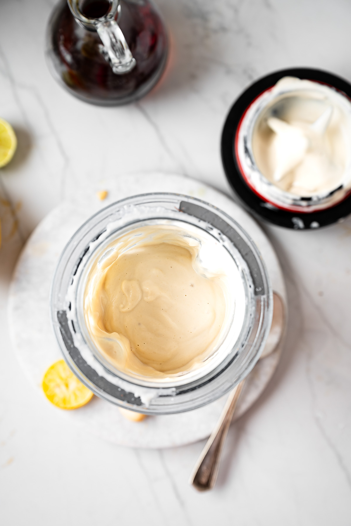 A creamy mixture of coconut yogurt in a blender