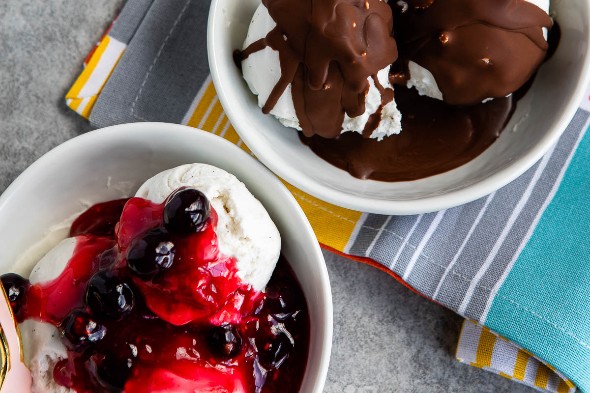 chocolate crackle and berry compote as ice cream toppings.