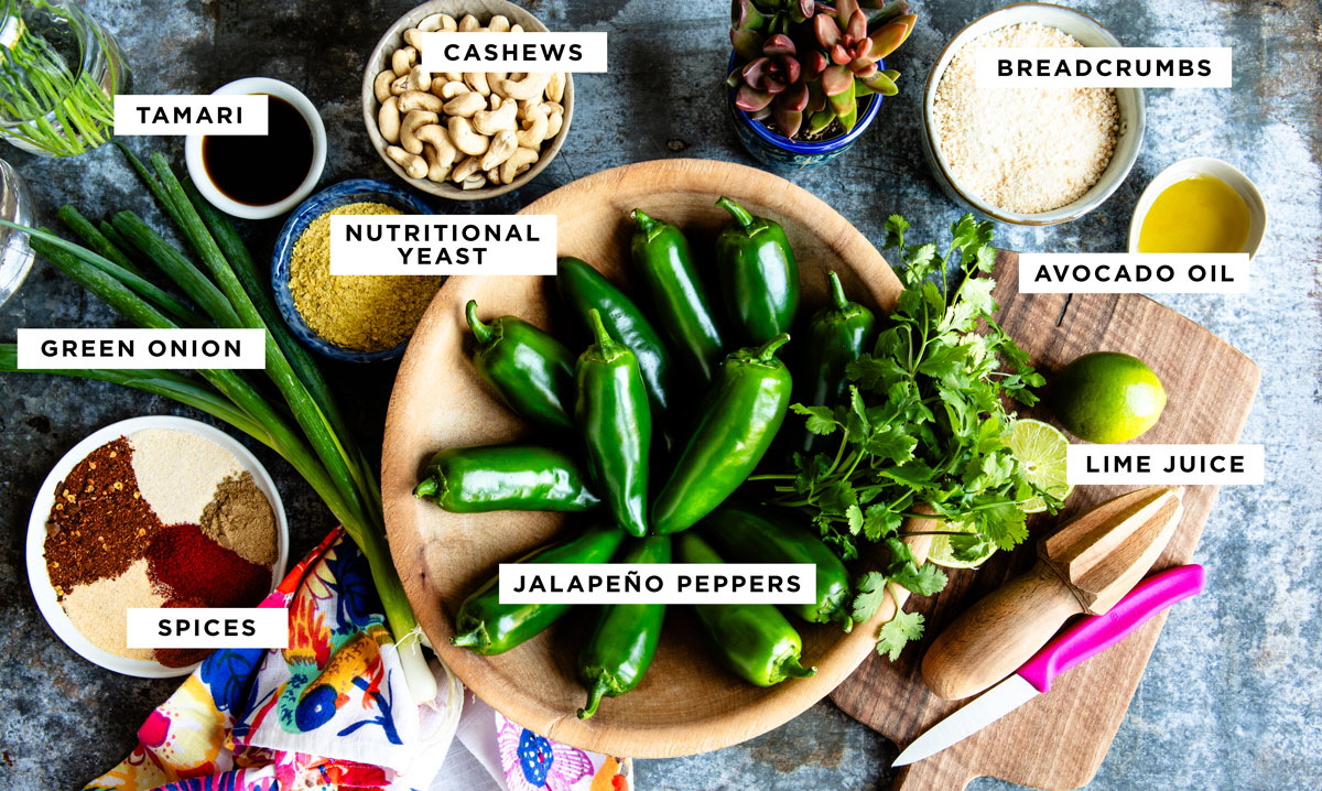 Ingredients on counter to make vegan jalapeno poppers.