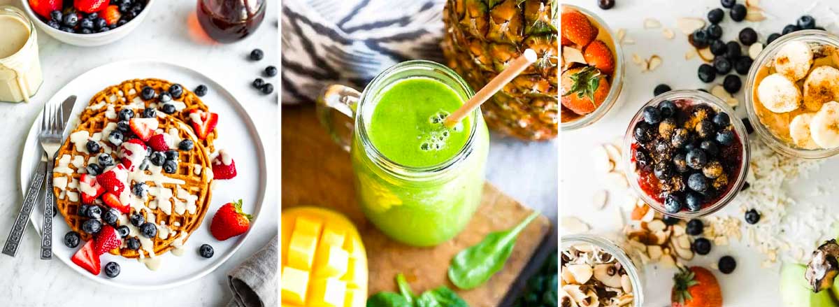plant based waffles, green smoothie and overnight oats