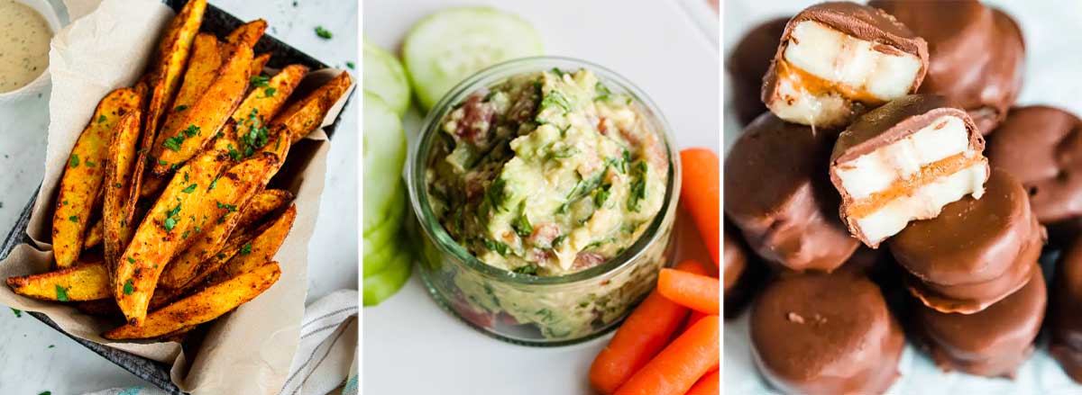 vegan snack options including crispy potato wedges, guacamole and veggies, and chocolate covered banana bites.