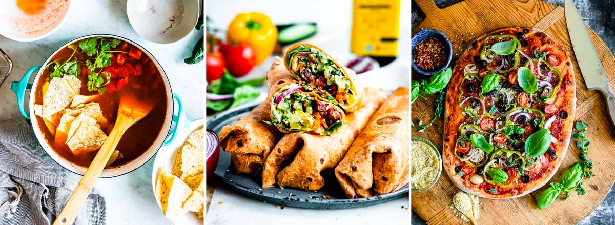 plant based dinner recipes including tortilla soup, veggie hummus wraps and classic pizza.
