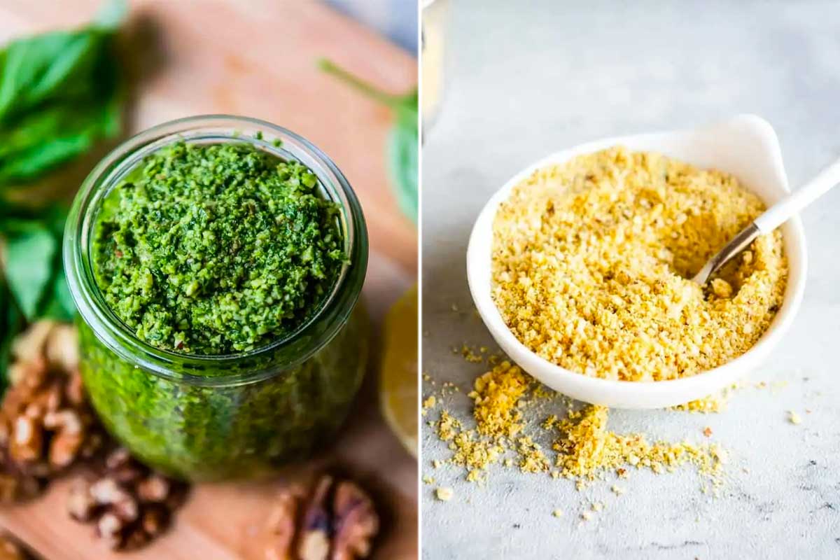 On the left is vegan basil pesto in a glass jar and on the right is crumbled vegan parmesan cheese in a small white bowl.