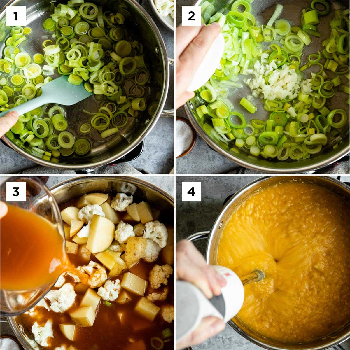 4 photos showing how to make gluten free potato soup: sauté the leek and garlic, then add remaining ingredients and simmer until ready. Finally, use an immersion blender to puree soup.