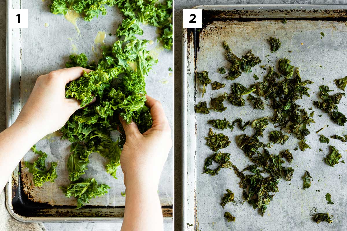 2 photos showing how to massage kale on tray, then final photo of baked kale chips.