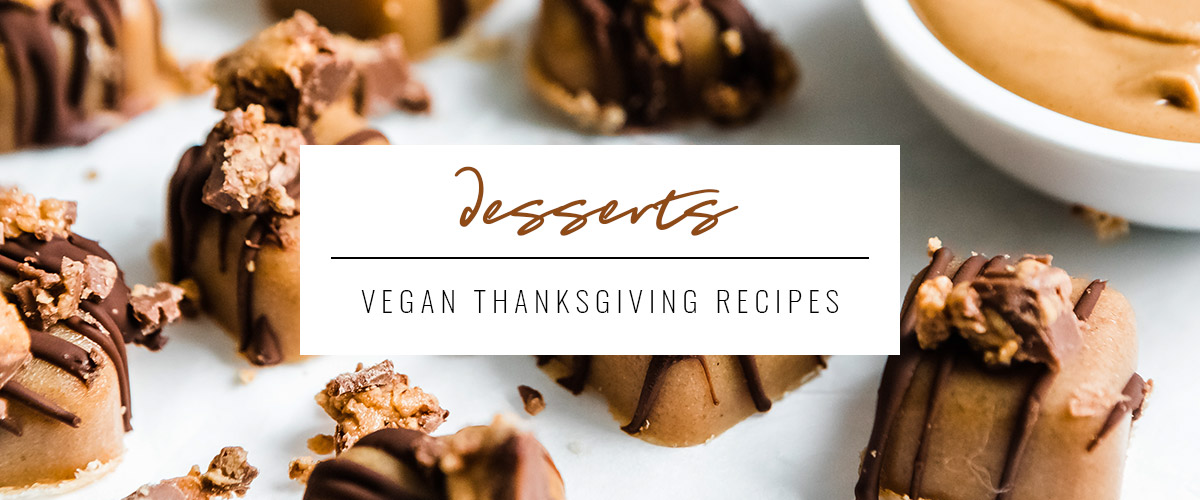 white box that says desserts, vegan Thanksgiving recipes overtop several pieces of peanut butter fudge drizzled with chocolate.