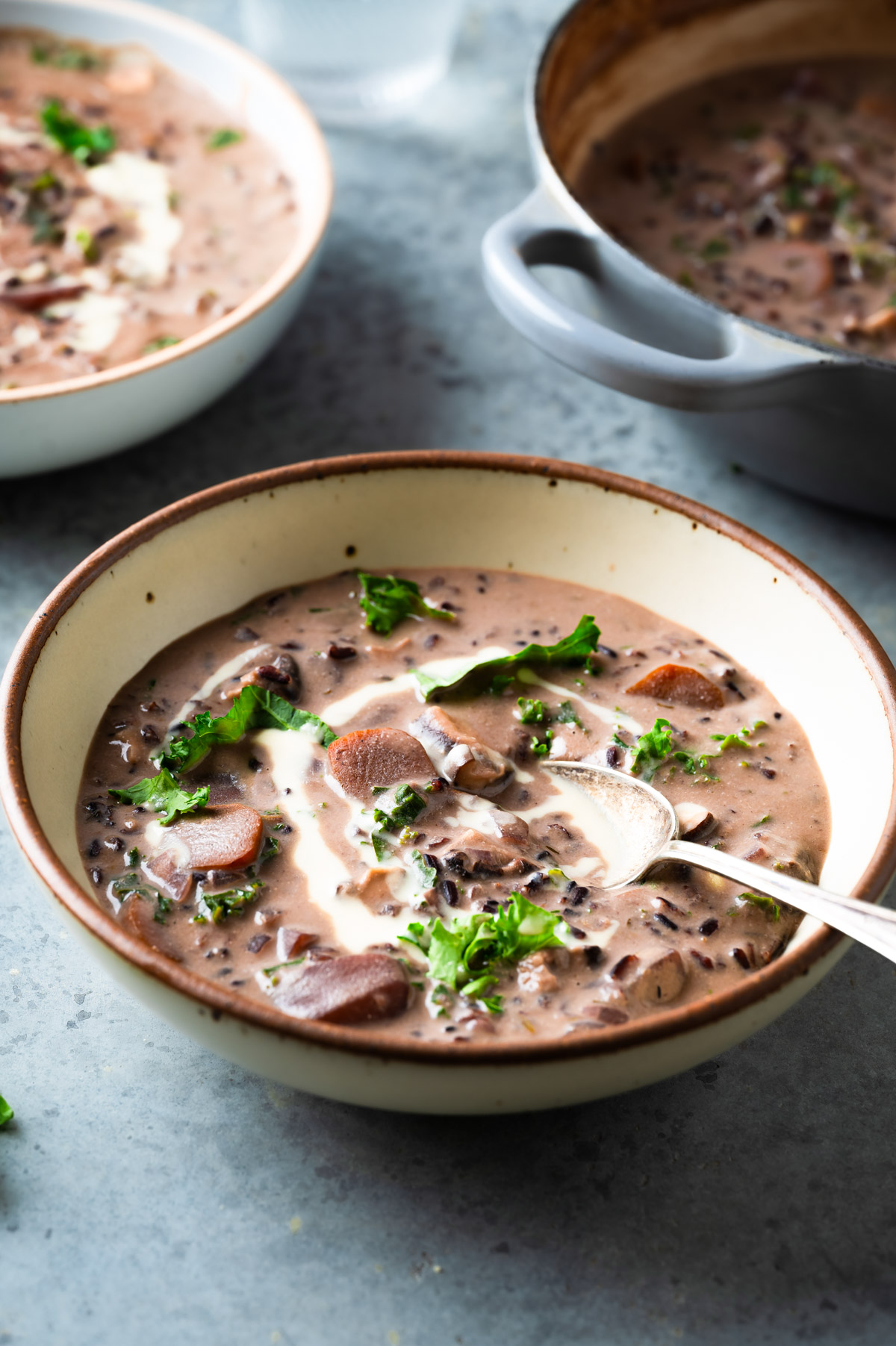 Bowl of wild rice soup on counter with spoon.