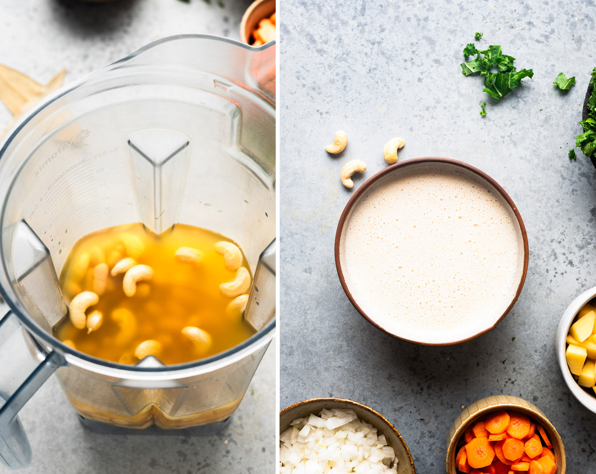 Blender full of cashews next to a bowl of a creamy puree on a table.