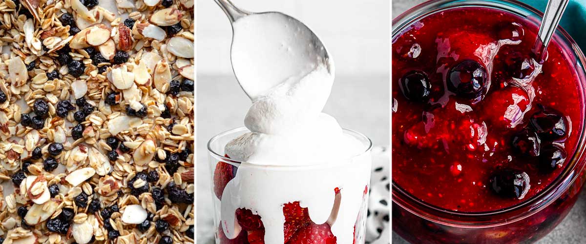 3 side by side photos of homemade granola on a baking tray, coconut whipped cream getting spooned over top fresh berries and fresh fruit compote in a glass jar.