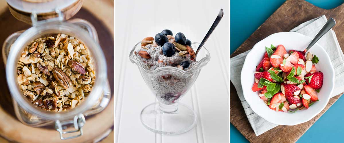 3 photos of healthy plant based snacks including pecan granola, chia pudding and a strawberry almond bowl.