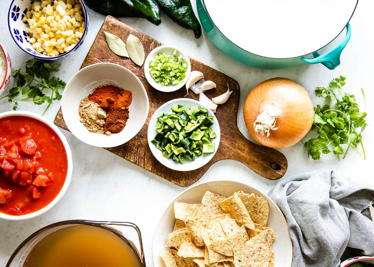 ingredients for vegetarian tortilla soup recipe including yellow onion, cilantro, bell pepper, spices, tortilla soup, tomatoes and vegetable stock.