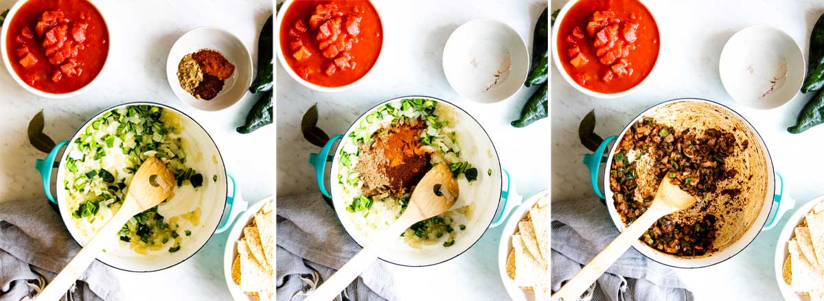 3 photos with steps on how to make healthy tortilla soup