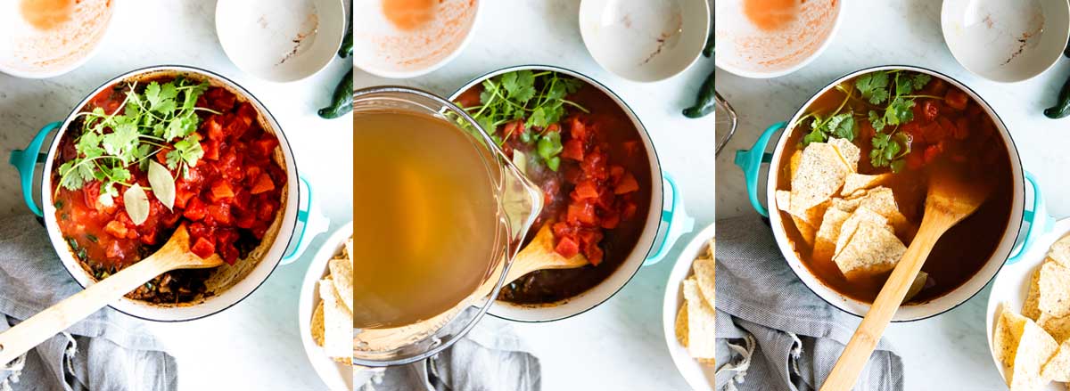 stirring ingredients like tomatoes, vegetable stock and tortilla chips into a blue stock pot.