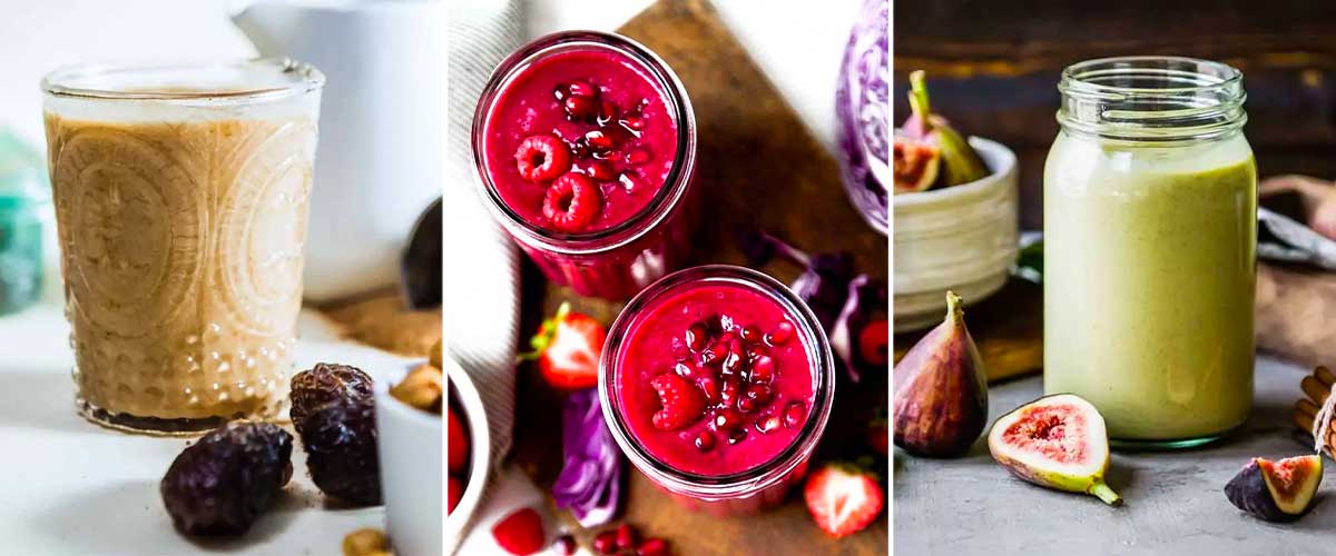 3 photos of smoothies including a caramel shake, and pomegranate smoothie and a fig smoothie- great winter smoothies