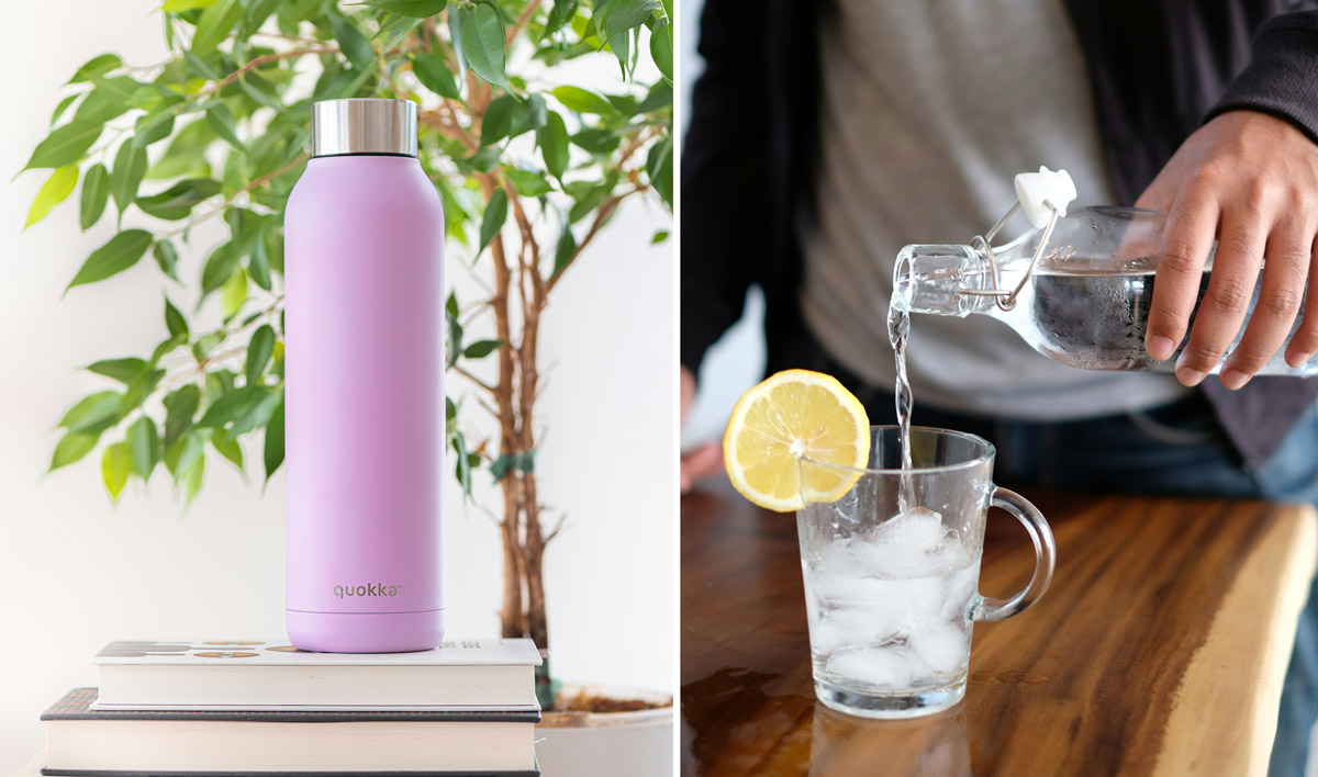 Water bottle and glass of water on tables to show ways to stay hydrated.