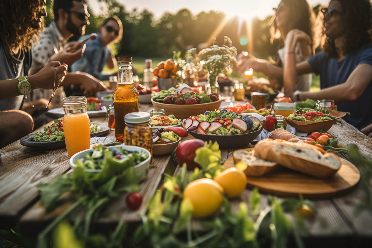 large outdoor wooden table full of whole food plant-based recipes and several people sitting around it in evening light.