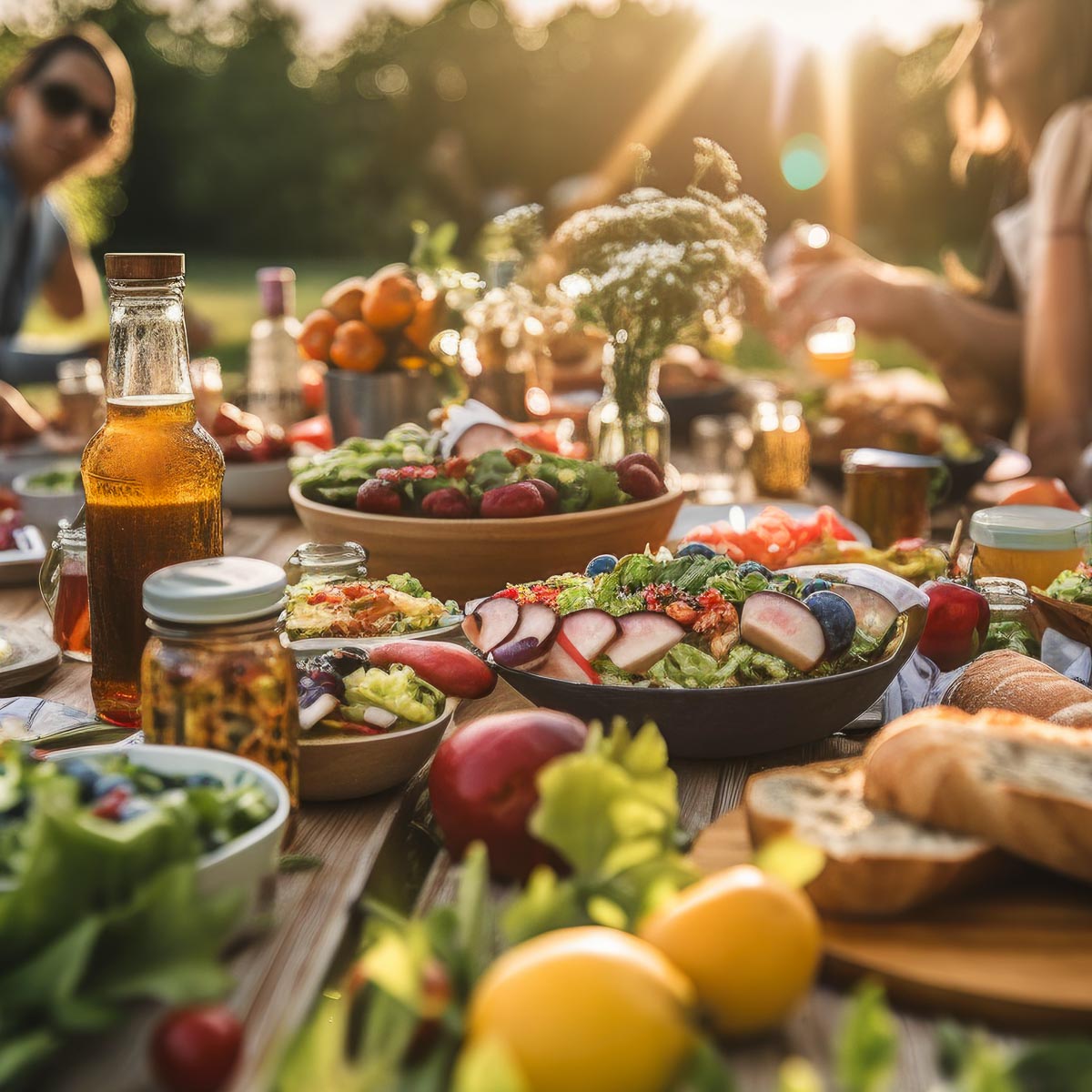outdoor table full of whole food plant-based recipes and people ready to eat in evening.