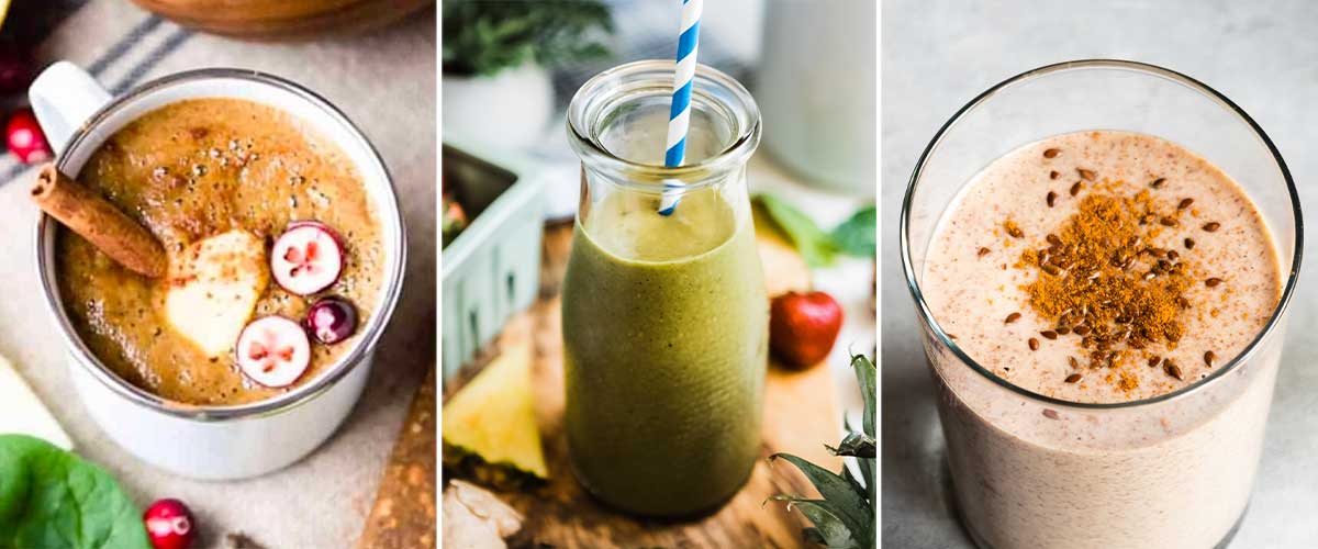 3 photos of winter smoothie recipes including wassail, ginger pineapple smoothie and flaxseed smoothie