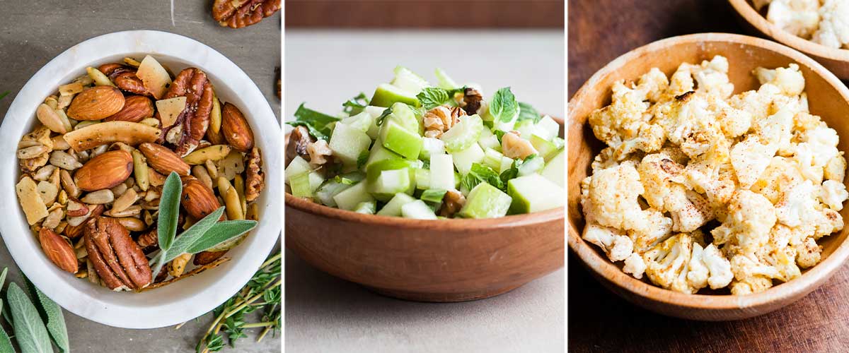 3 photos of easy winter snacks including savory trail mix, fresh apple crisp and baked cauliflower